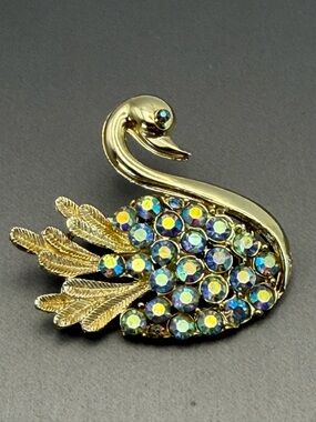 Vintage Gold Swan Figural Brooch with Aurora Borealis Rhinestones